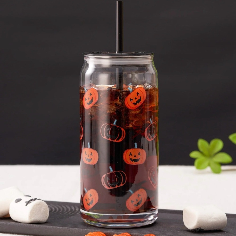 NWT Way to Celebrate Glass 20oz Can Sipper Halloween Pumpkin- 2pk